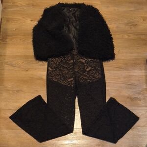 Black Lace Pants with Faux Fur Vest